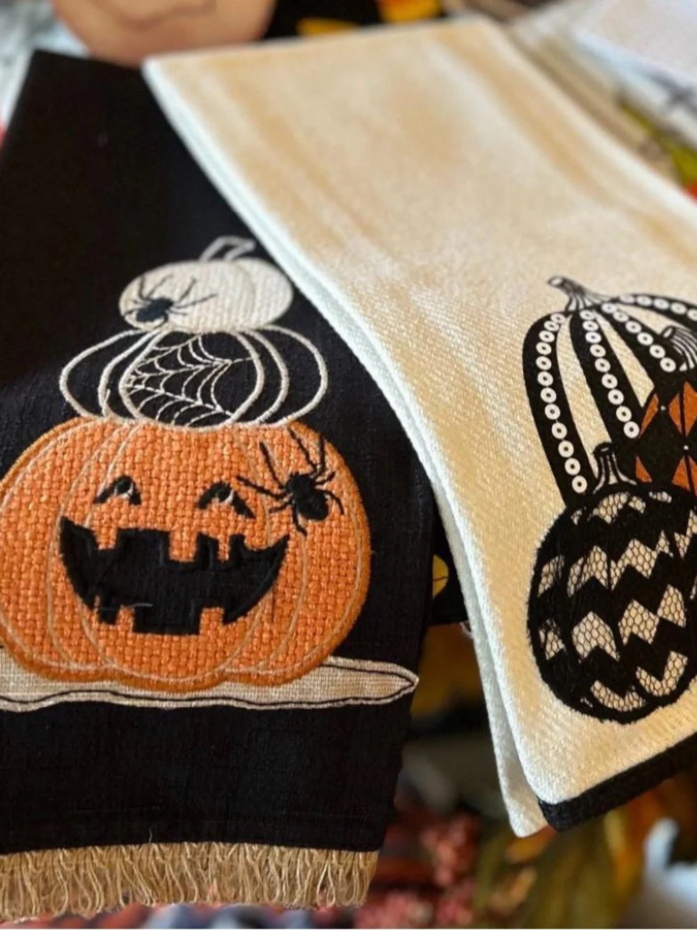 Fall Sequin Pumpkin Kitchen Towels - Black & Orange on Cream